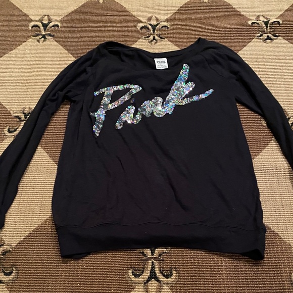 PINK Victoria's Secret Sweaters - PINK Victoria's Secret Black Sequin Logo Crewneck Sweater